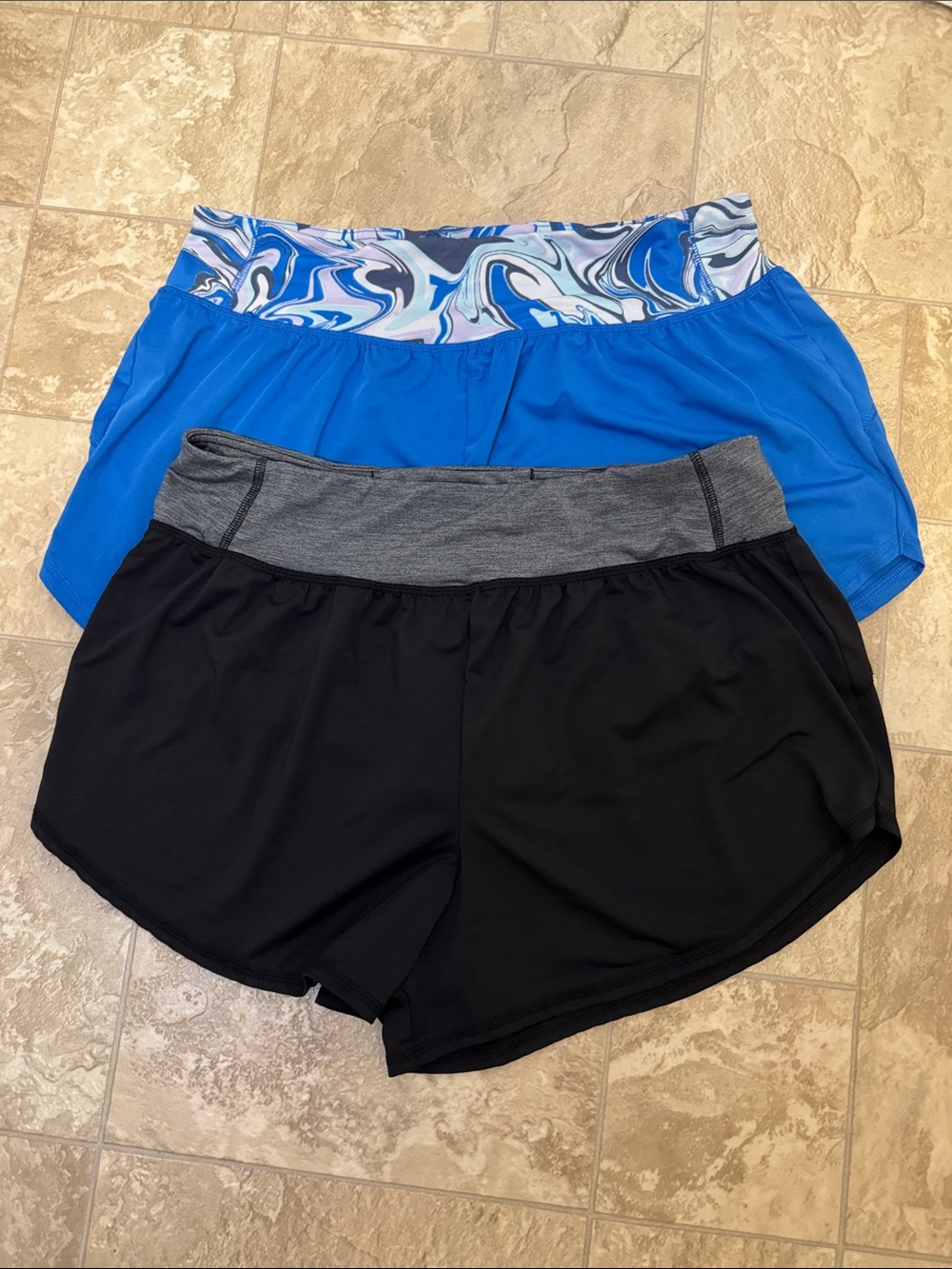 SO Women’s Athletic Shorts in Black and Bright Blue Marble Waistband